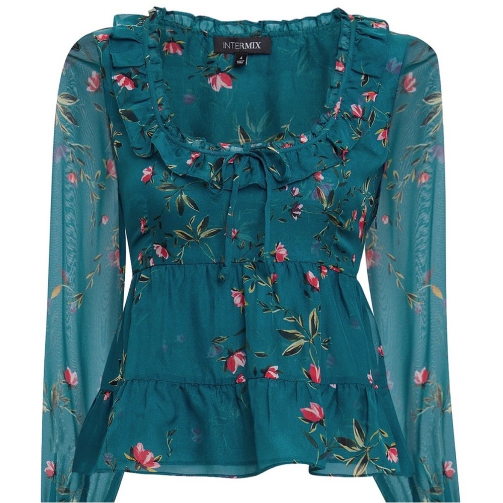 Intermix 100% silk peasant blouse Teal Floral Women's Top